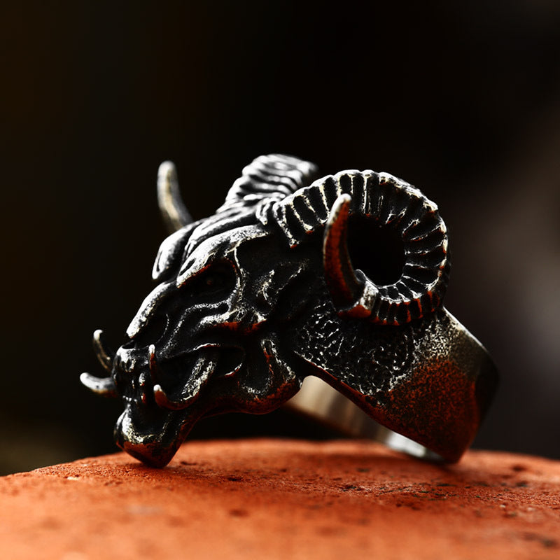 Wholesale Stainless Steel Men' s Ring Vintage Titanium Steel Satan Sheep Head Jewelry